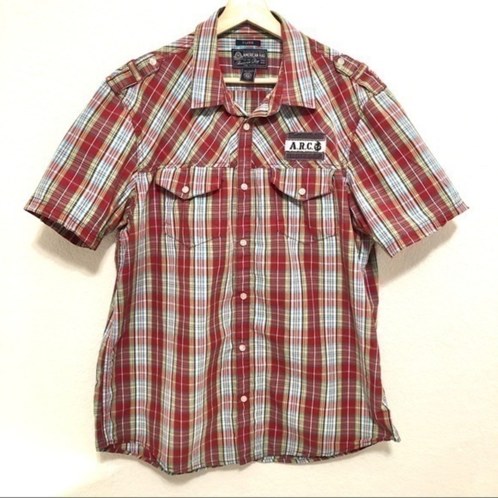 AMERICAN RAG RED MULTICOLOR PLAID SHORT SLEEVE BUTTON UP SHIRT XL